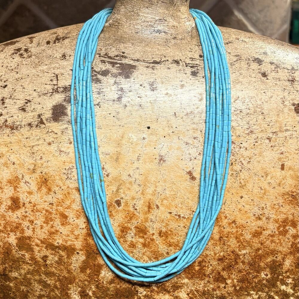 Sterling Silver & Blue Cylinder Heishi Bead Multi Strand Necklace by Silver Exp